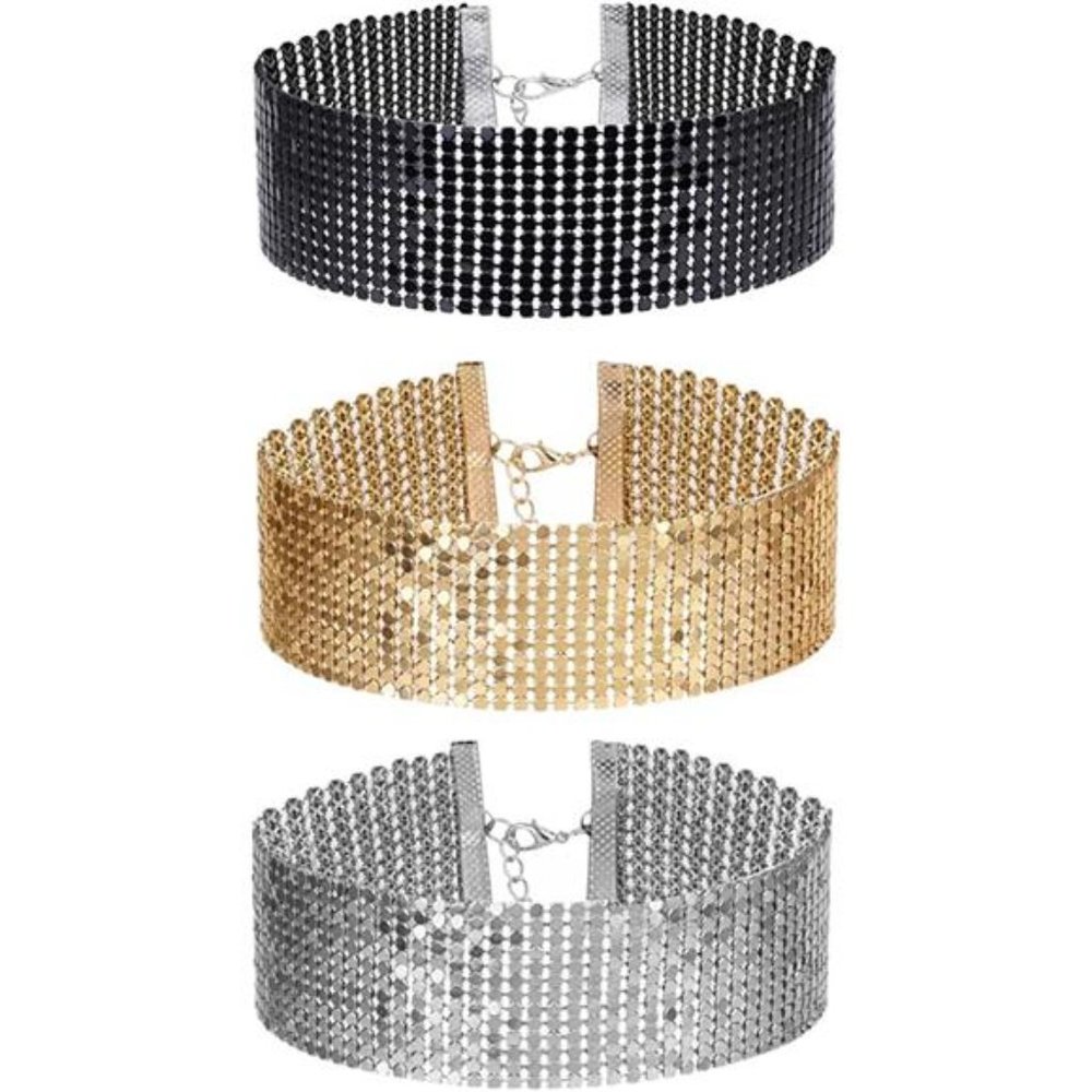 3 Pcs Women's Gold and Black Thick Rhinestone Metal Necklace Set for Girls
